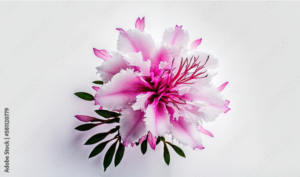  a pink and white flower on a white background with green leaves and stems in the center of the flow