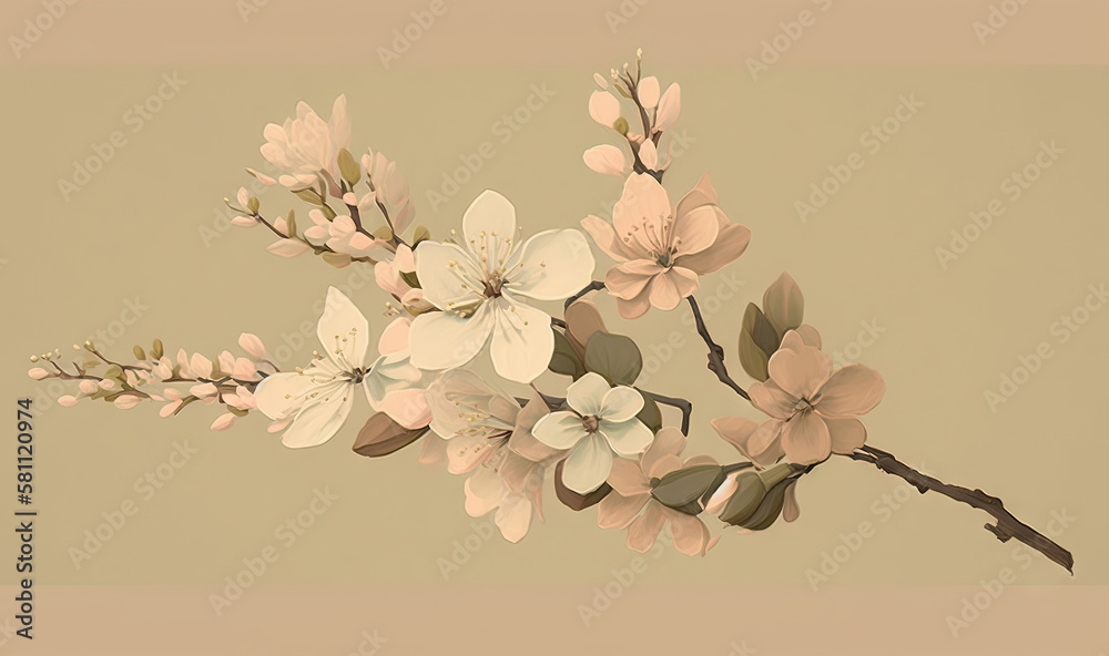  a painting of a branch with flowers on a beige background with a light brown background and a light