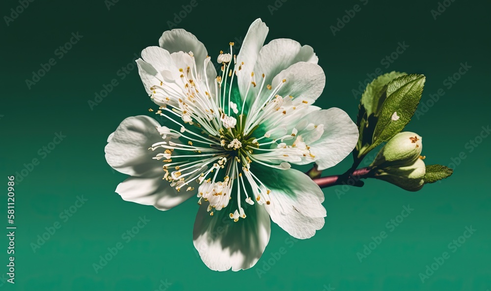  a white flower with green leaves on a green background with a green backgrounnd with a white center