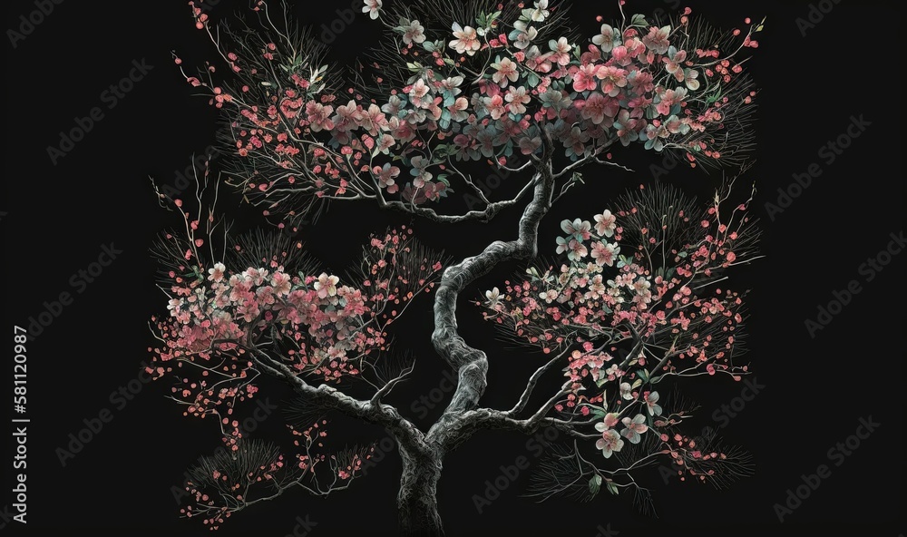  a painting of a tree with pink and white flowers on a black background with a black background and 