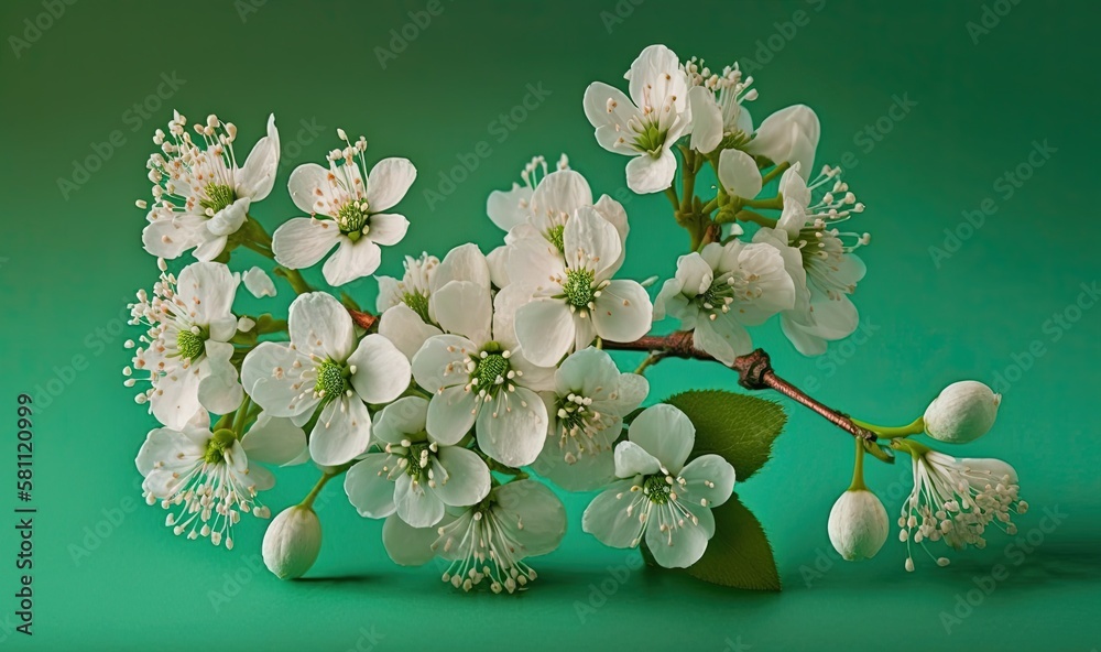  a bunch of white flowers are on a green background with a green stem and leaves in the middle of th