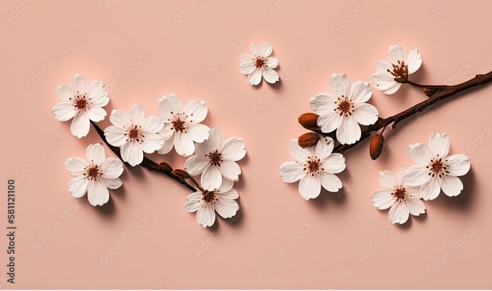  a branch of a tree with white flowers on a pink background with a place for a text or a picture of 