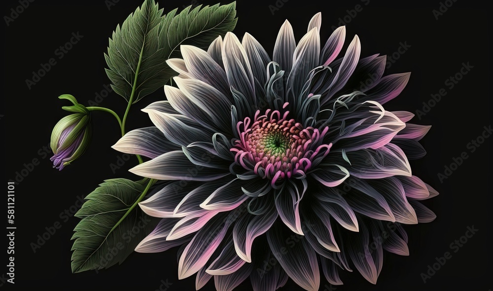  a large flower with green leaves on a black background with a pink center and green leaves on the b