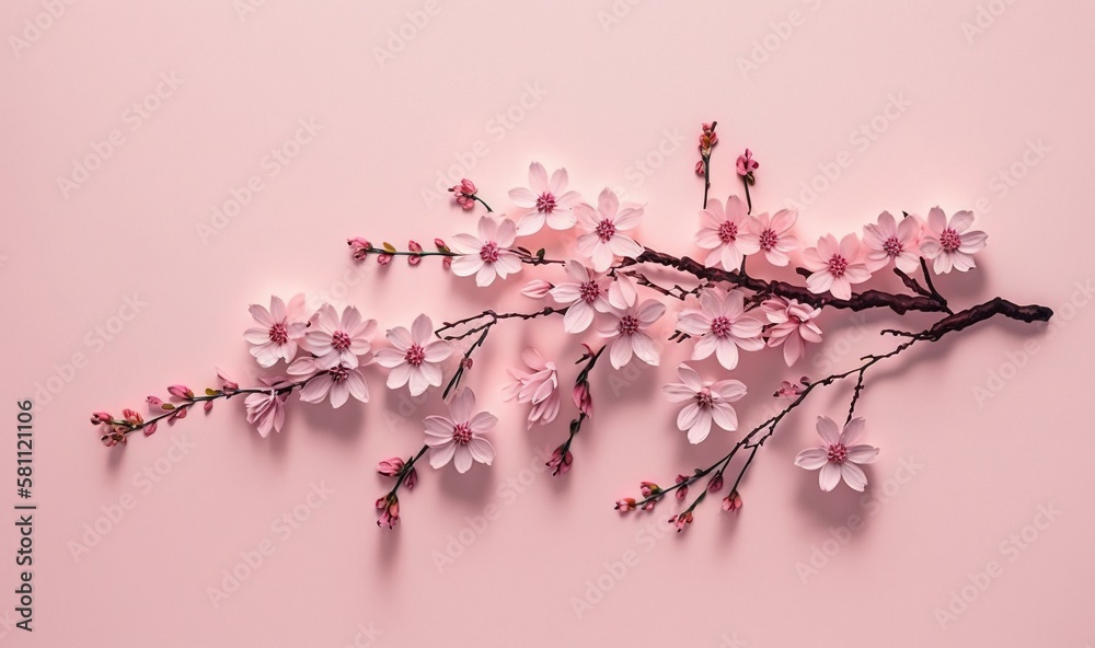  a branch of a cherry tree with pink flowers on a pink background with copy - up space in the middle