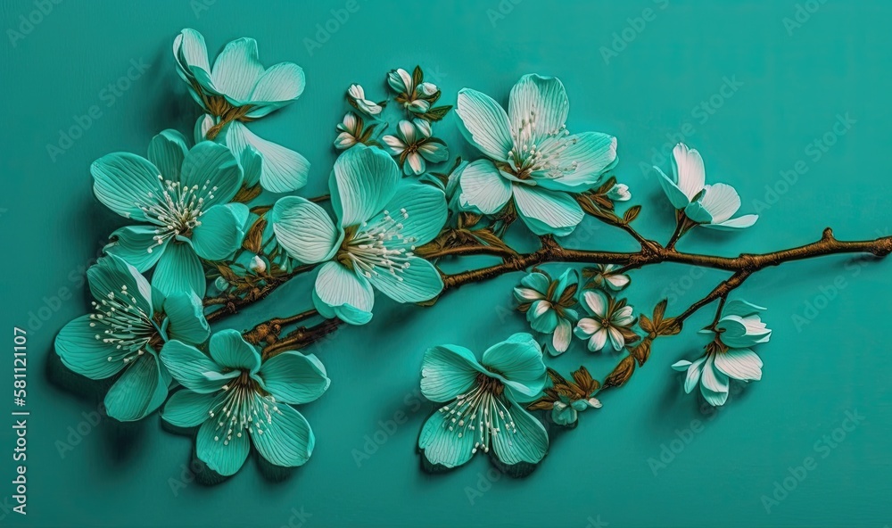  a branch of a tree with flowers on a blue background with a green background and a white flower on 