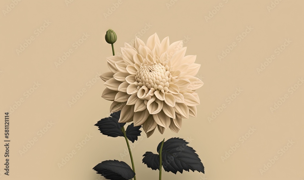  a large white flower sitting on top of a green planter next to a brown wall and a green stem with a