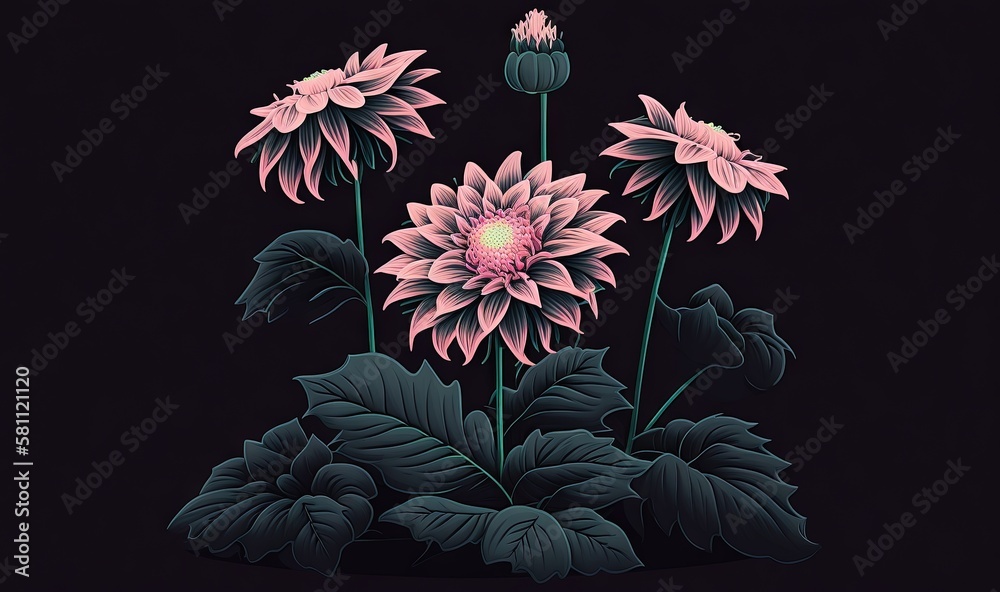  a bunch of flowers that are on a black background with a pink center on the center of the flower, a