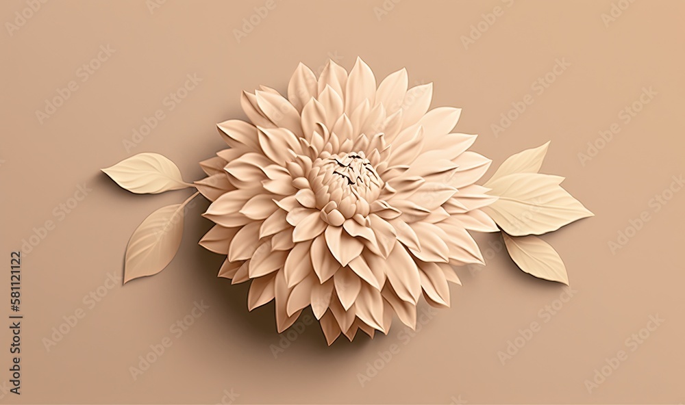  a paper flower with leaves on a beige background with a shadow of the flower on the wall and a shad