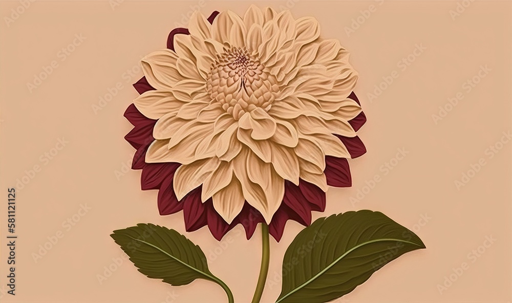  a large flower with green leaves on a beige background with a pink background and a pink background