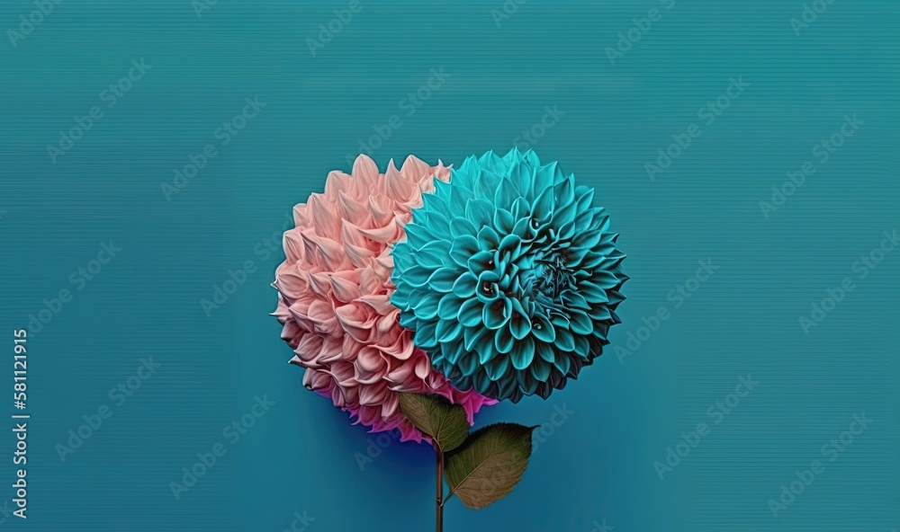  a blue and a pink flower on a blue background with a green leaf on the end of the flower and a pink