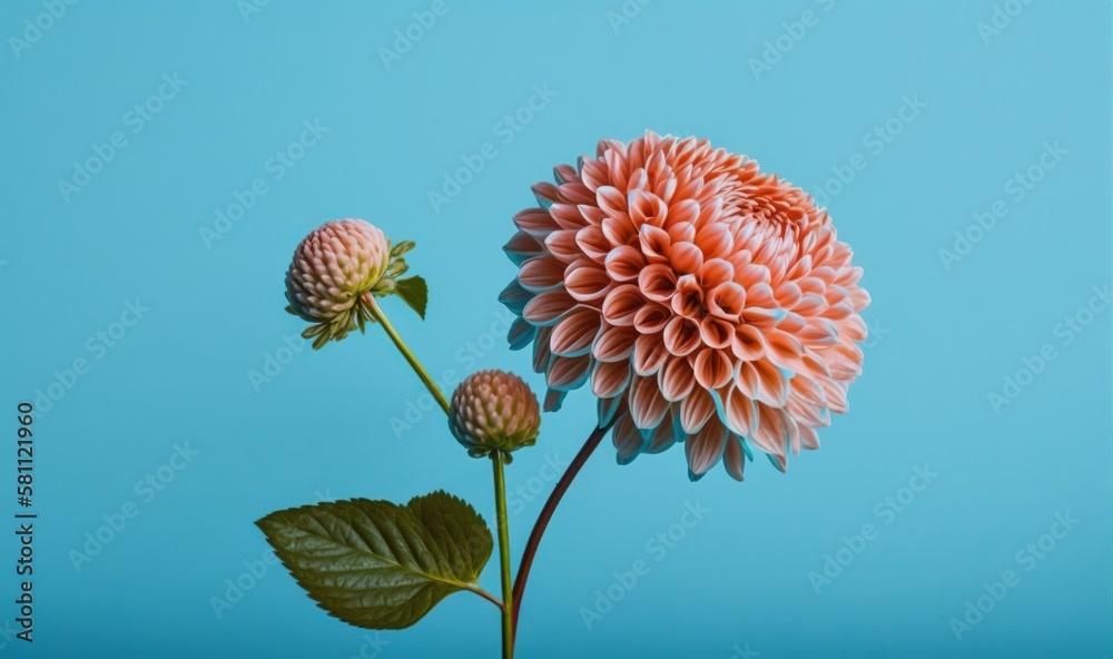  a pink flower with a green leaf on a blue background with a blue sky in the backround of the pictur