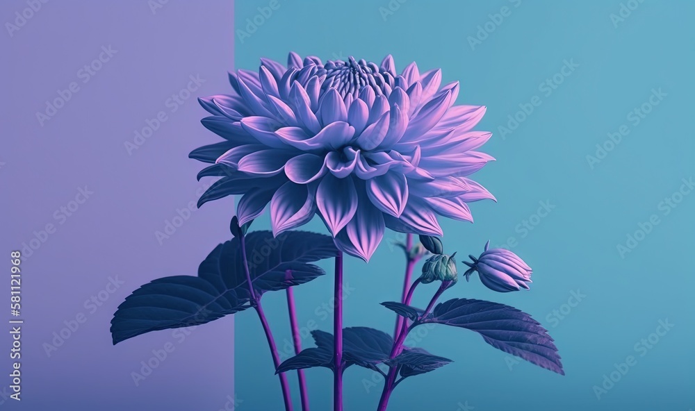  a purple flower is in front of a blue wall and a purple vase with purple flowers in front of a blue