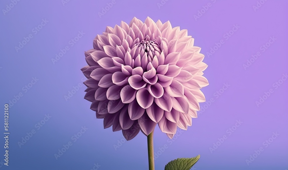  a large pink flower with a green stem on a purple background with a green leaf on the tip of the st