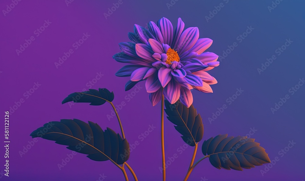  a purple flower with green leaves on a purple and blue background with a blue sky in the background