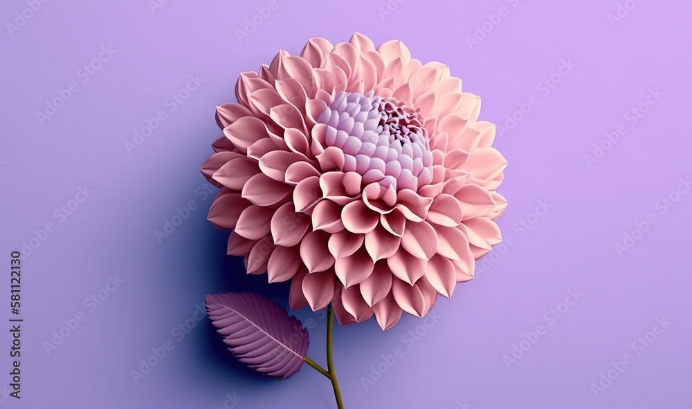  a large pink flower with a leaf on a purple background with a shadow of the flower on the left side