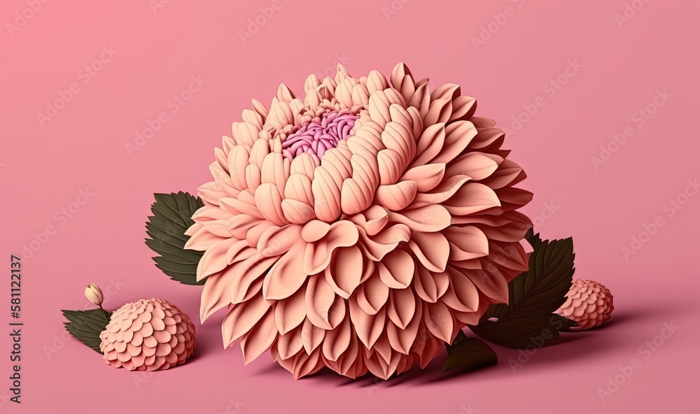  a large pink flower with leaves on a pink background with a pink background and a pink background w