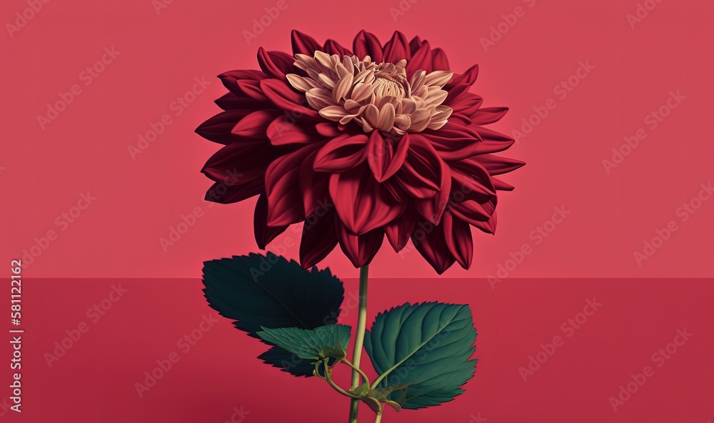  a large red flower with green leaves on a pink background with a pink background and a green leaf o