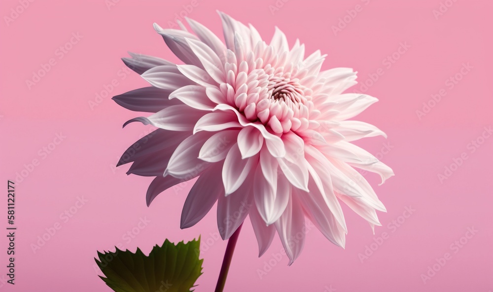  a large white flower sitting on top of a green leafy plant in front of a pink background with a gre