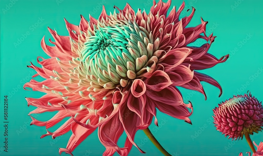  a painting of a large pink flower with green tips on a blue background with a smaller pink flower i