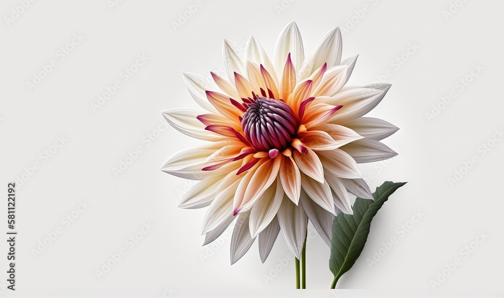  a white and orange flower with a green leaf on the side of the flower head and a white background w