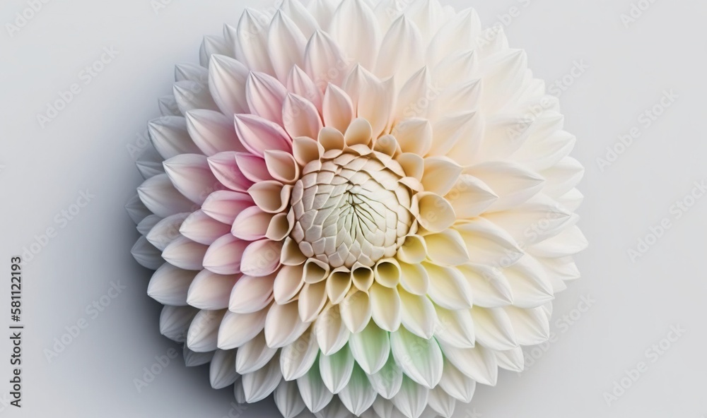  a white flower with a green center on a white background with a soft pastel color scheme on the cen