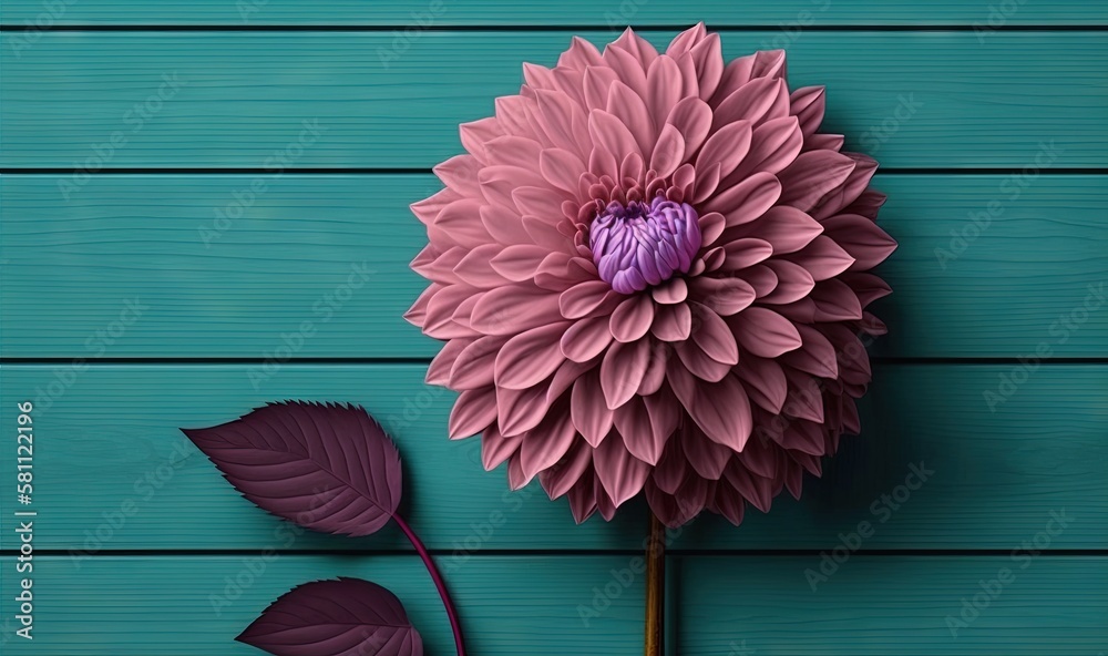  a pink flower sitting on top of a green table next to a purple flower on top of a green table top n