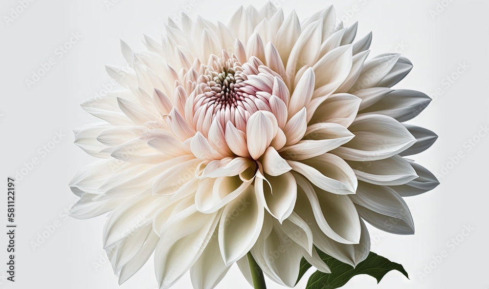  a large white flower with green leaves on a white background with a white background and a white ba