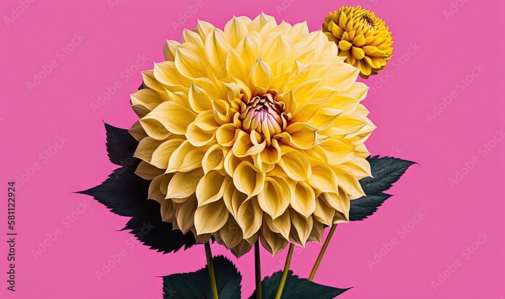  a yellow flower with green leaves on a pink background with a pink background and a pink background