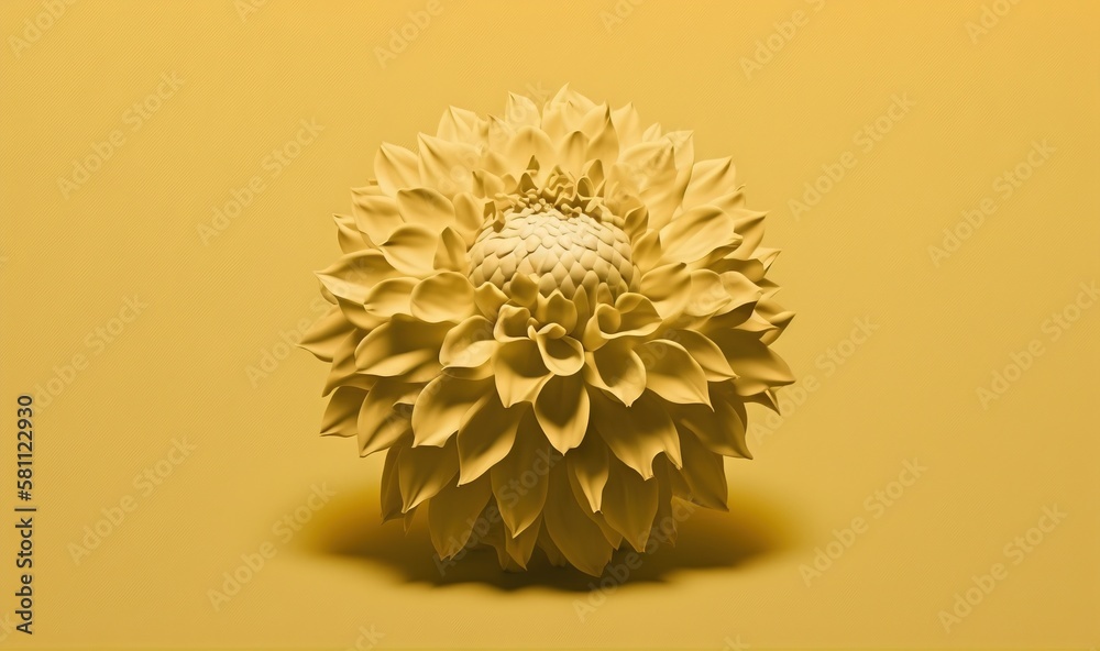  a large yellow flower on a yellow background with a shadow on the ground and a yellow background wi