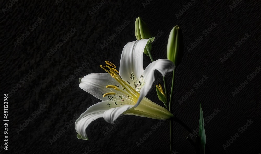  a white flower with green leaves on a black background with a black background behind it and a whit