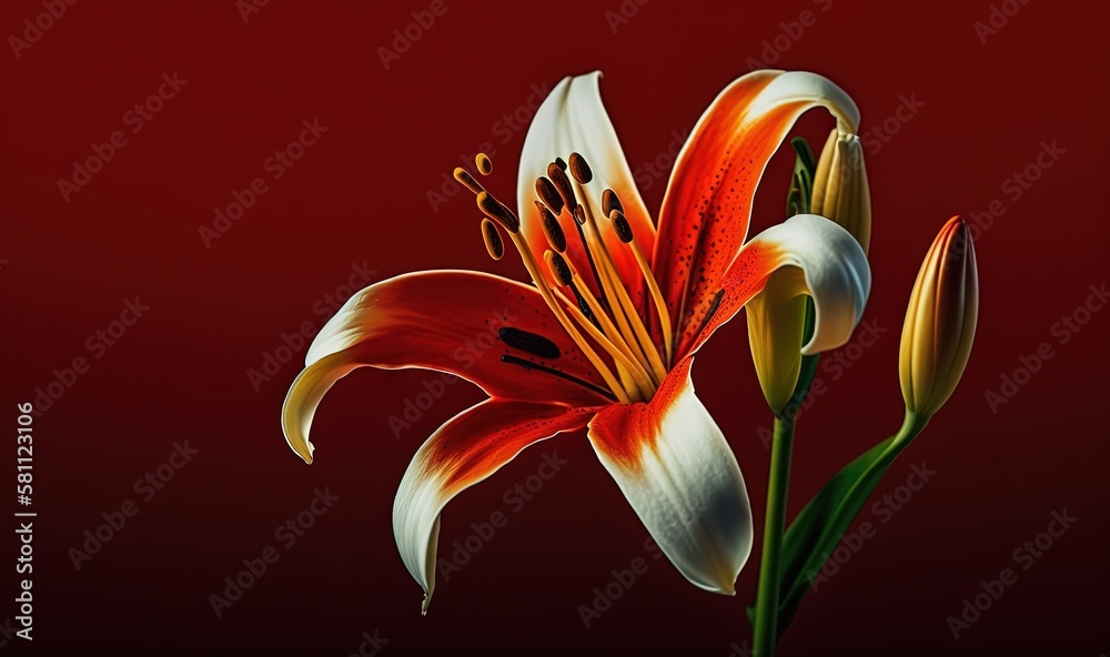  a close up of a flower on a red background with a red background and a white and orange flower on t