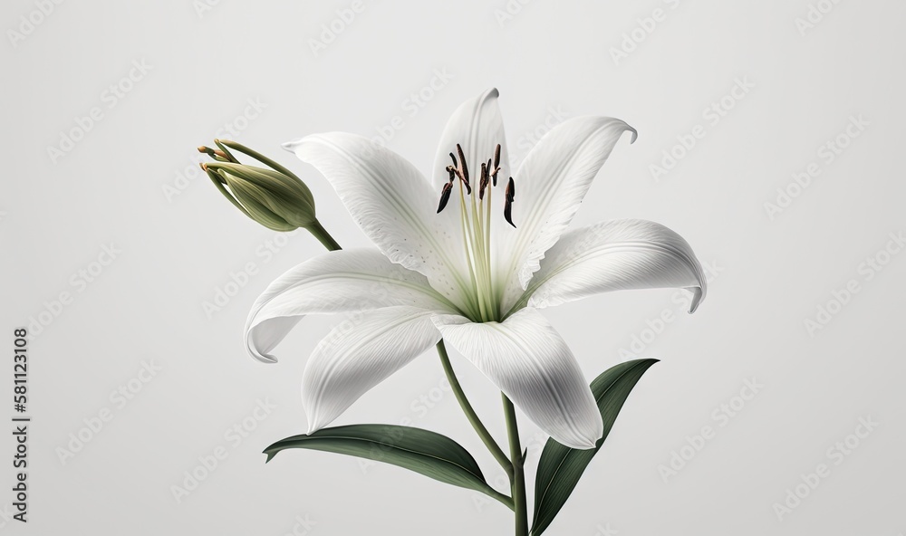  a white flower with a green stem in a vase on a white background with a gray background and a white