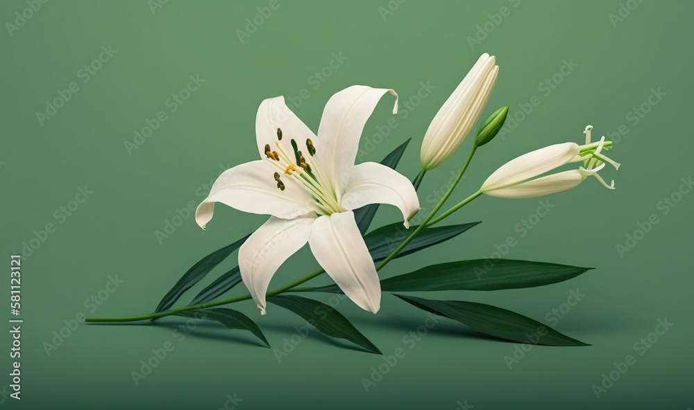  a white flower with green leaves on a green background with a green background and a white flower w