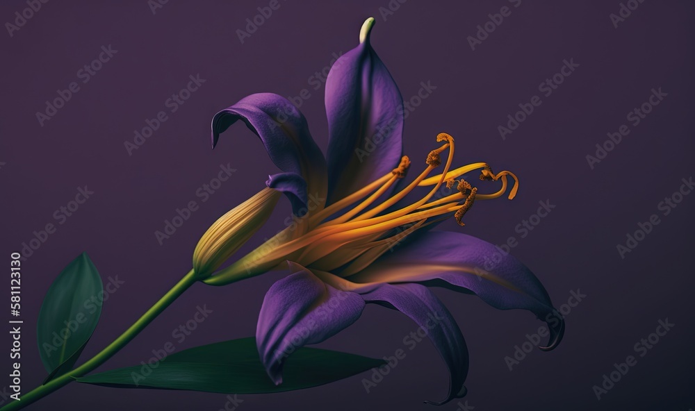  a purple flower with yellow stamens on a purple background with a green leafy stem and a purple bac