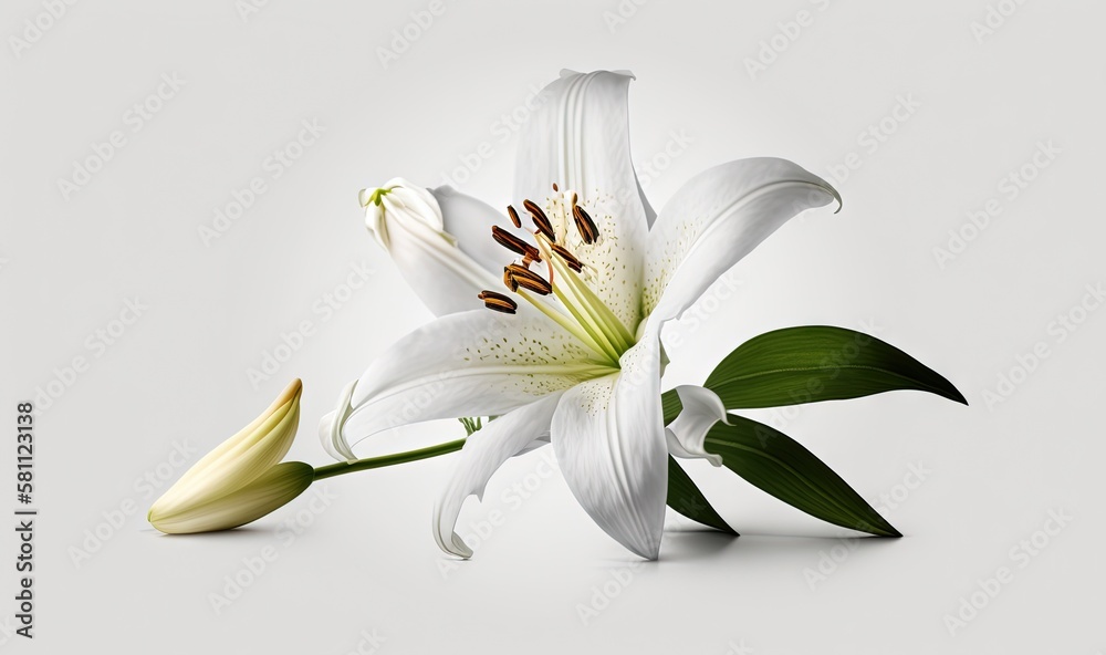  a white flower with green leaves on a gray background with a white background with a white backgrou