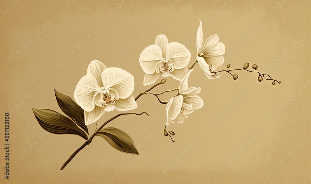  a drawing of a branch with flowers and leaves on a beige background with a sepia tone effect to the