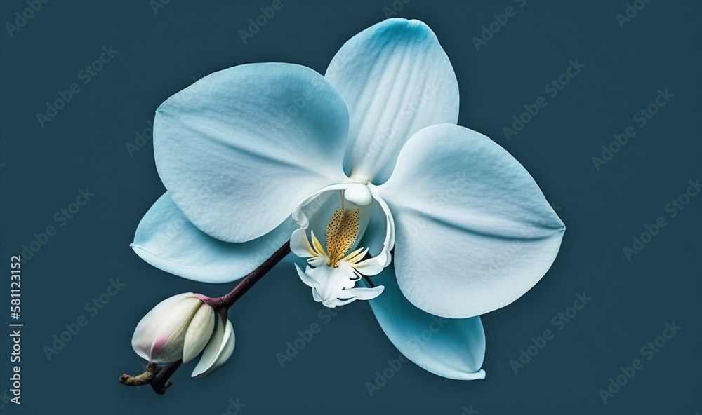  a blue flower with a bud on a blue background with a white center and a yellow stamen in the middle