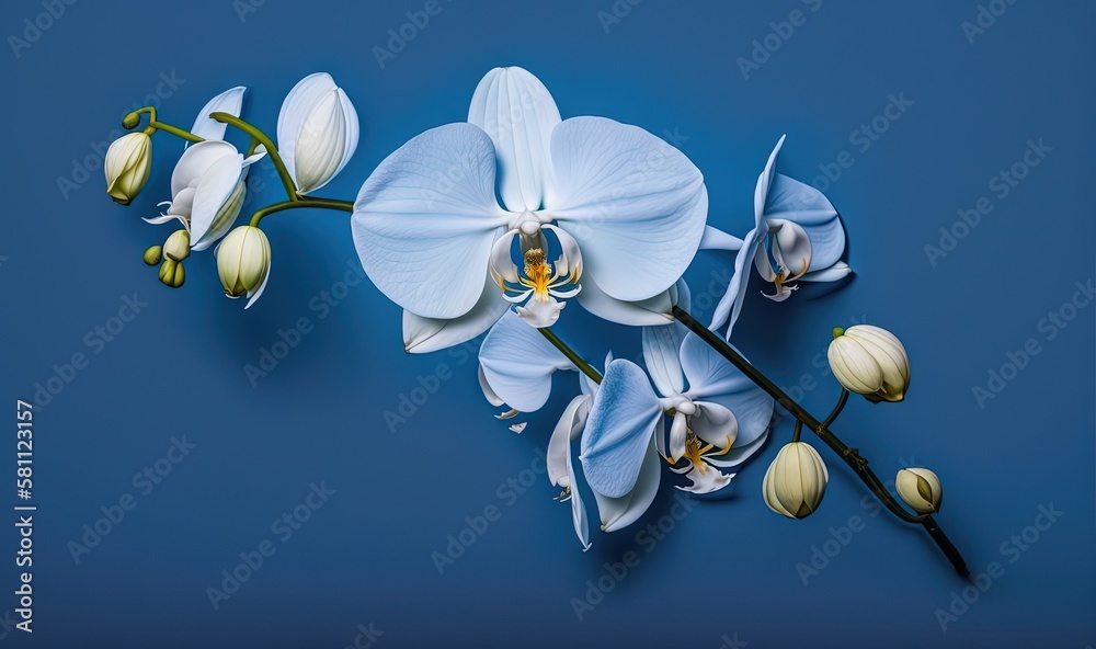  a white flower is on a blue background and is still blooming in the picture, it looks like it has j