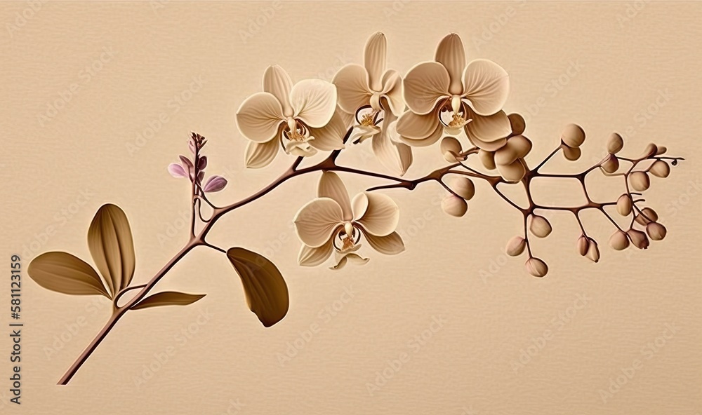  a branch with flowers and leaves on a beige background with a light brown wall in the background an