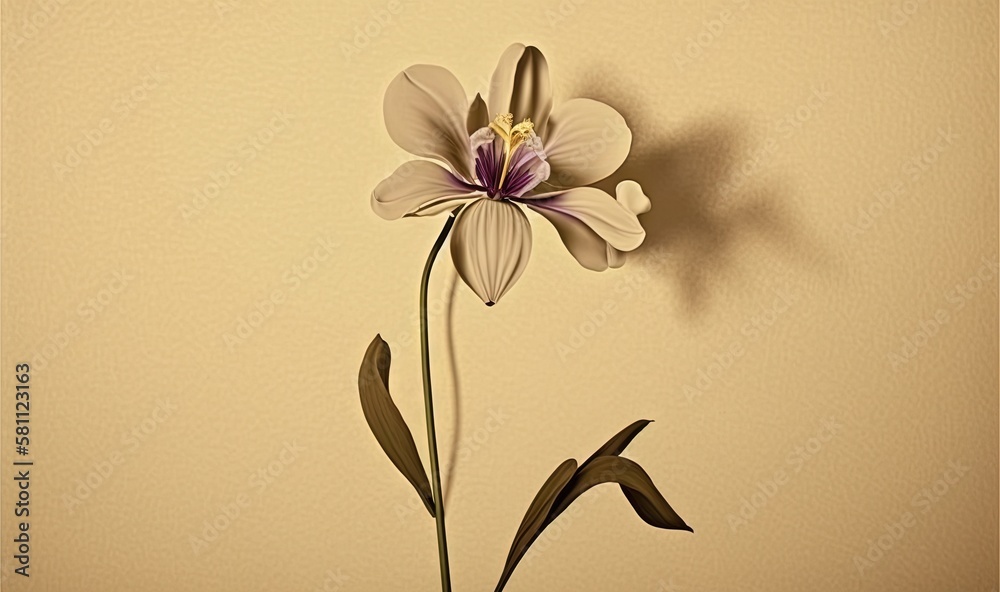  a flower is shown on a wall with a shadow of its petals on the side of the wall and a shadow of th