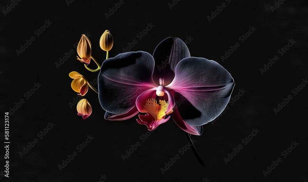  a purple and yellow flower is on a black background with a black background and a black background 