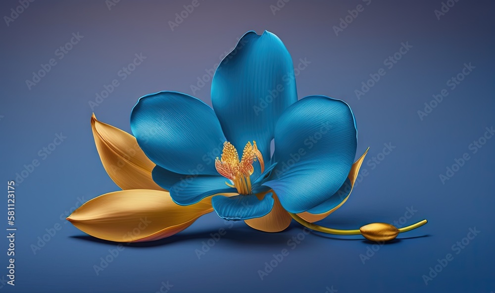  a blue flower with gold leaves on a blue background with a yellow stamen and a yellow stamen in the