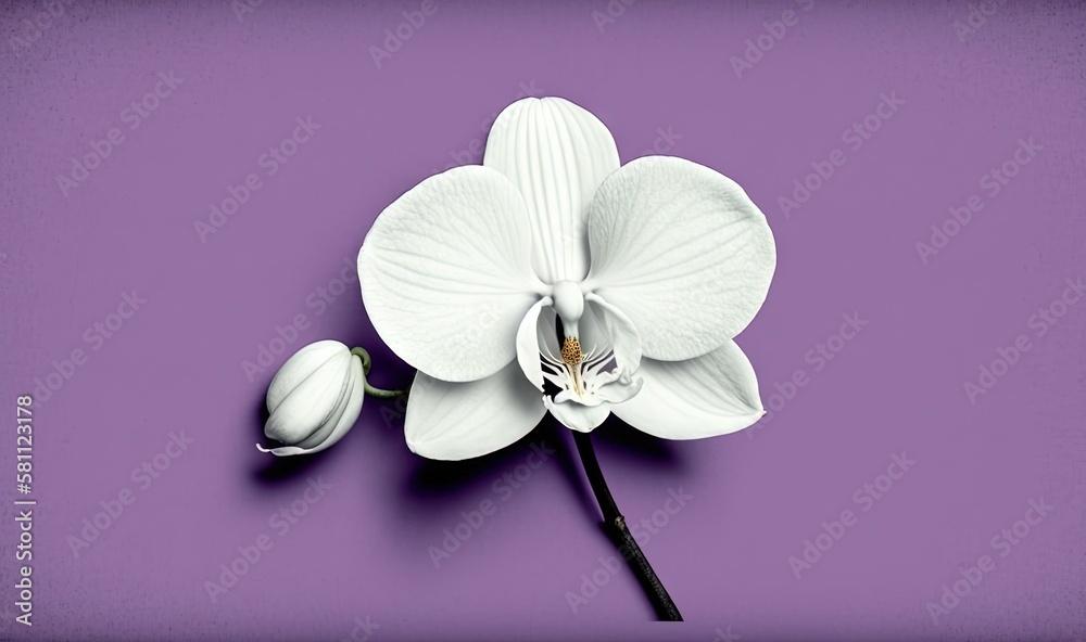  a white flower on a purple background with a black stem in the middle of the flower and a white flo