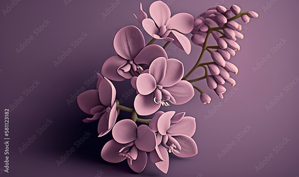  a bunch of flowers that are on a purple background with a shadow of the flowers on the left side of