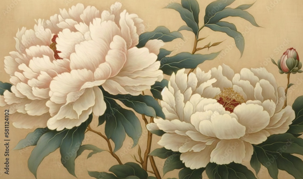  a painting of two white flowers on a beige background with green leaves and a budding flower in the