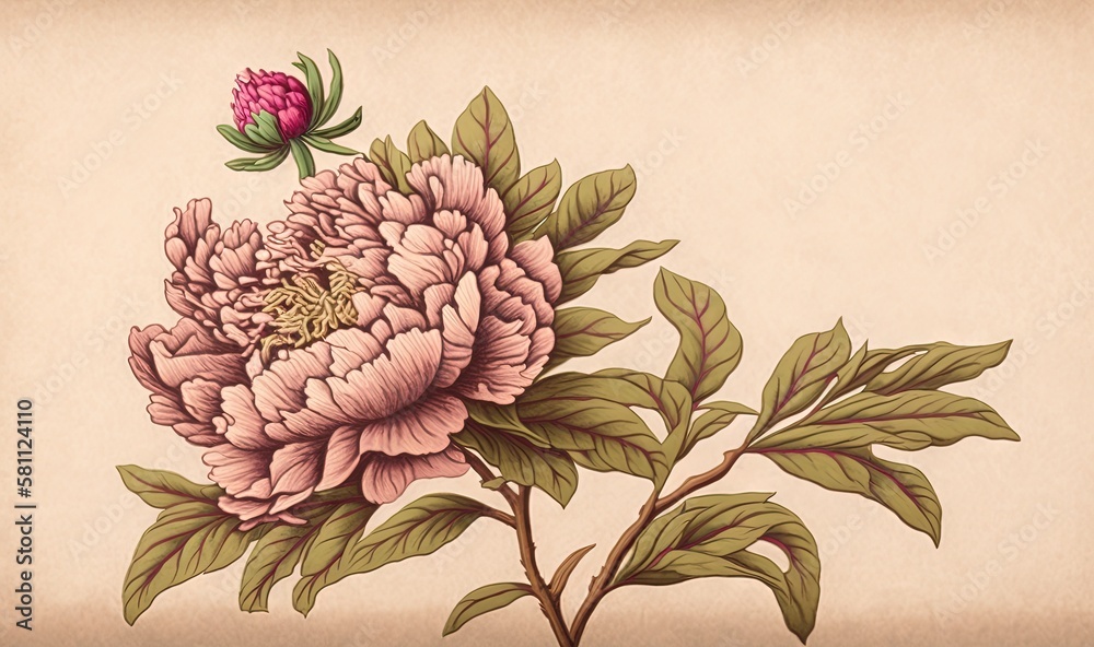  a painting of a pink flower with green leaves on a beige background with a pink flower on the left 