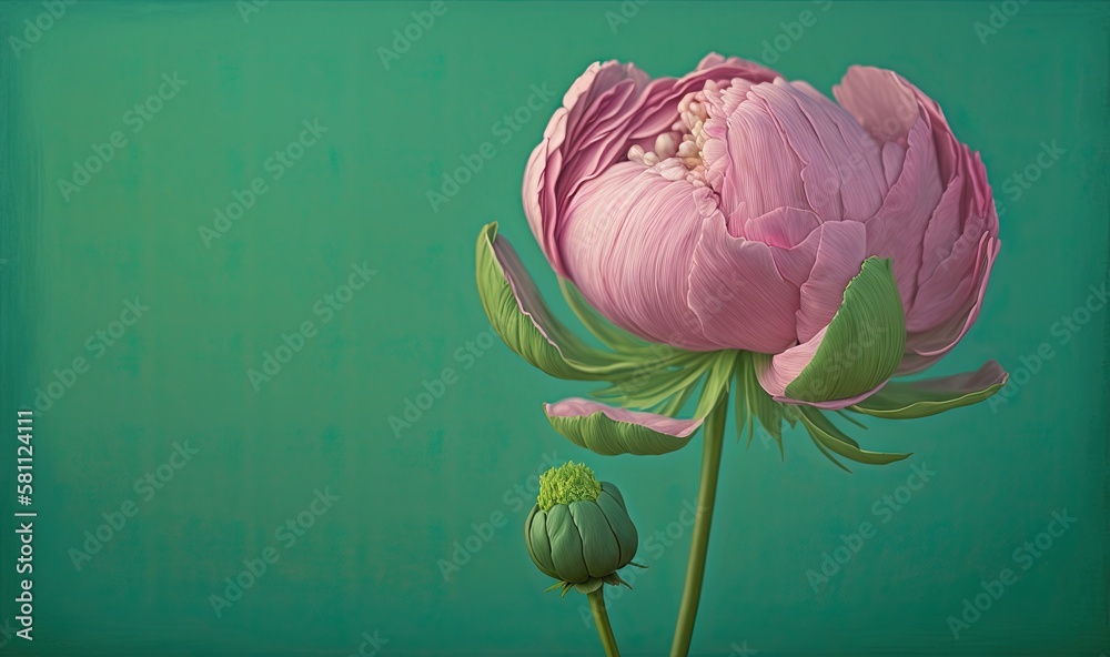  a large pink flower with green leaves on a green background with a green background behind it and a