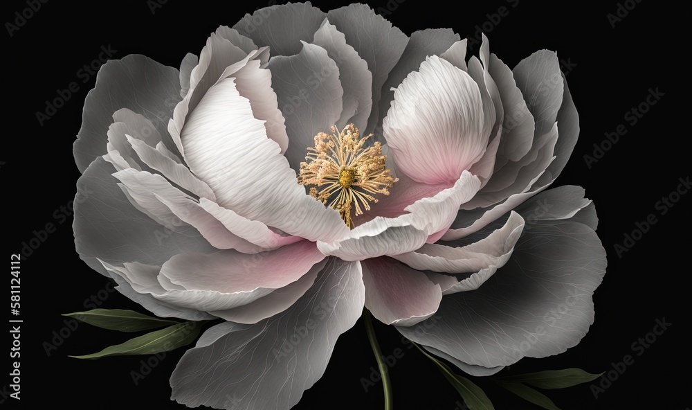  a large white flower with a yellow center on a black background with green leaves in the middle of 