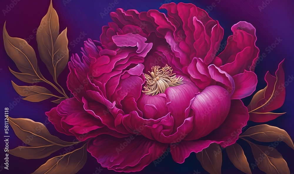  a painting of a large pink flower with green leaves on a purple and purple background with a dark b