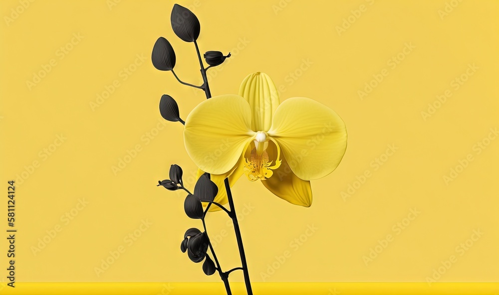  a yellow flower with black leaves on a yellow background with a yellow rectangle in the middle of t